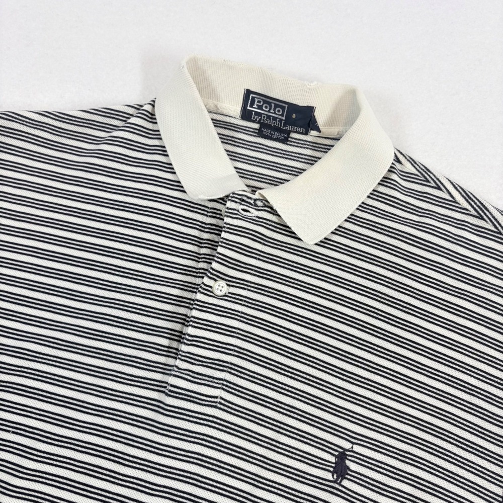 VTG Y2K 90s Polo Ralph Lauren Polo Shirt Mens L White Navy Striped Cotton FLAW